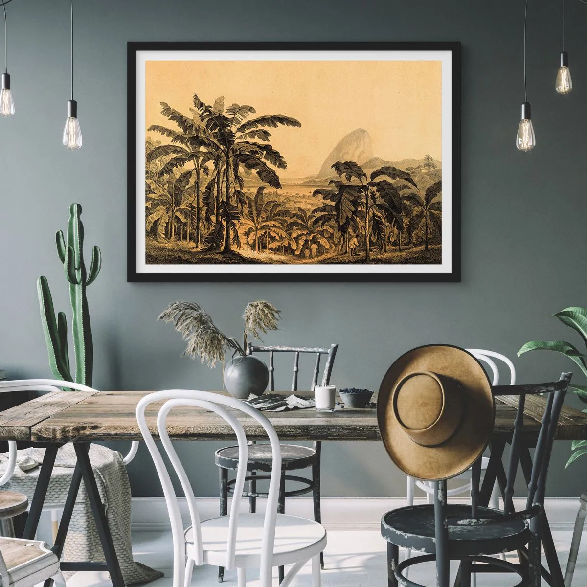 Affiche dans un cadre noir - Poster - Dessin de bananiers sur fond de paysage tropical - 100x70cm - Dans un climat colonial - Décoration murale moderne pour le salon et la chambre ARTTOR