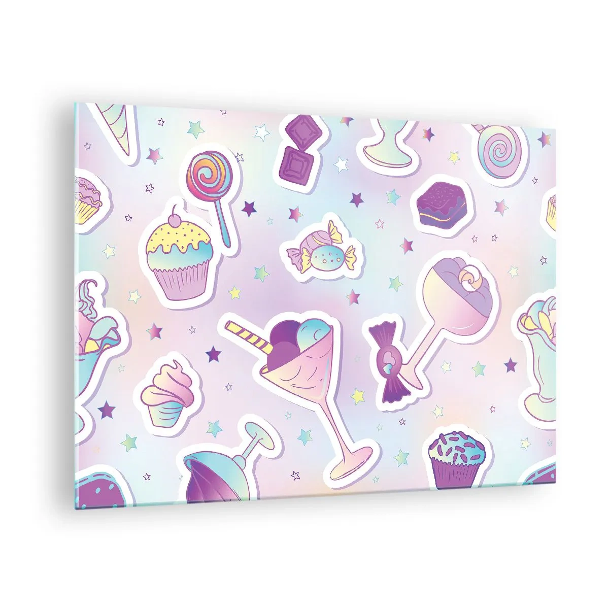 Impression sur verre - Image sur verre - Motif de bonbons colorés sur fond pastel - 70x50cm - Pour que tous les jours soit un anniversaire  - Décoration murale moderne pour le salon et la chambre ARTTOR