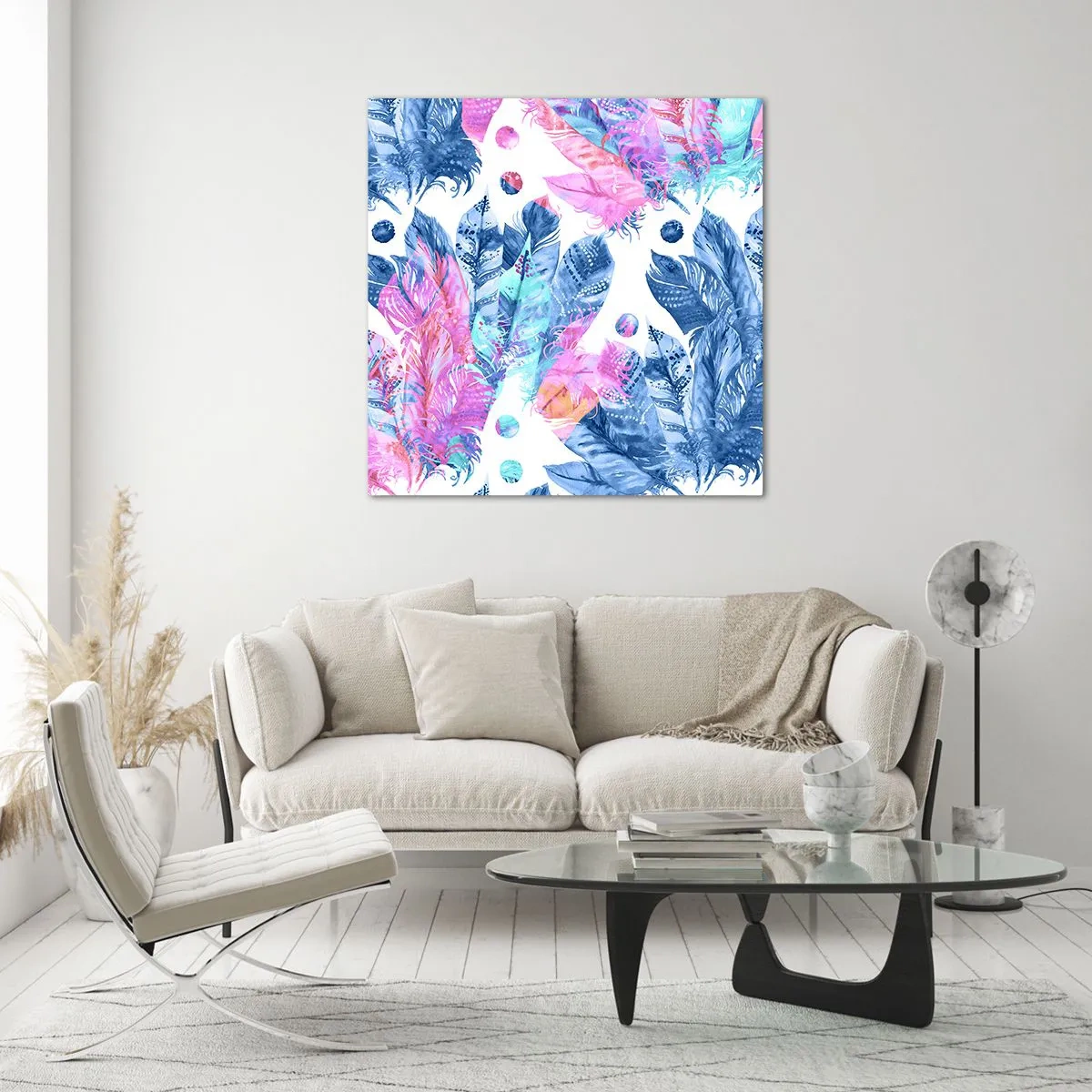 Impression sur verre - Image sur verre - Plumes en rose et bleu - 30x30 cm