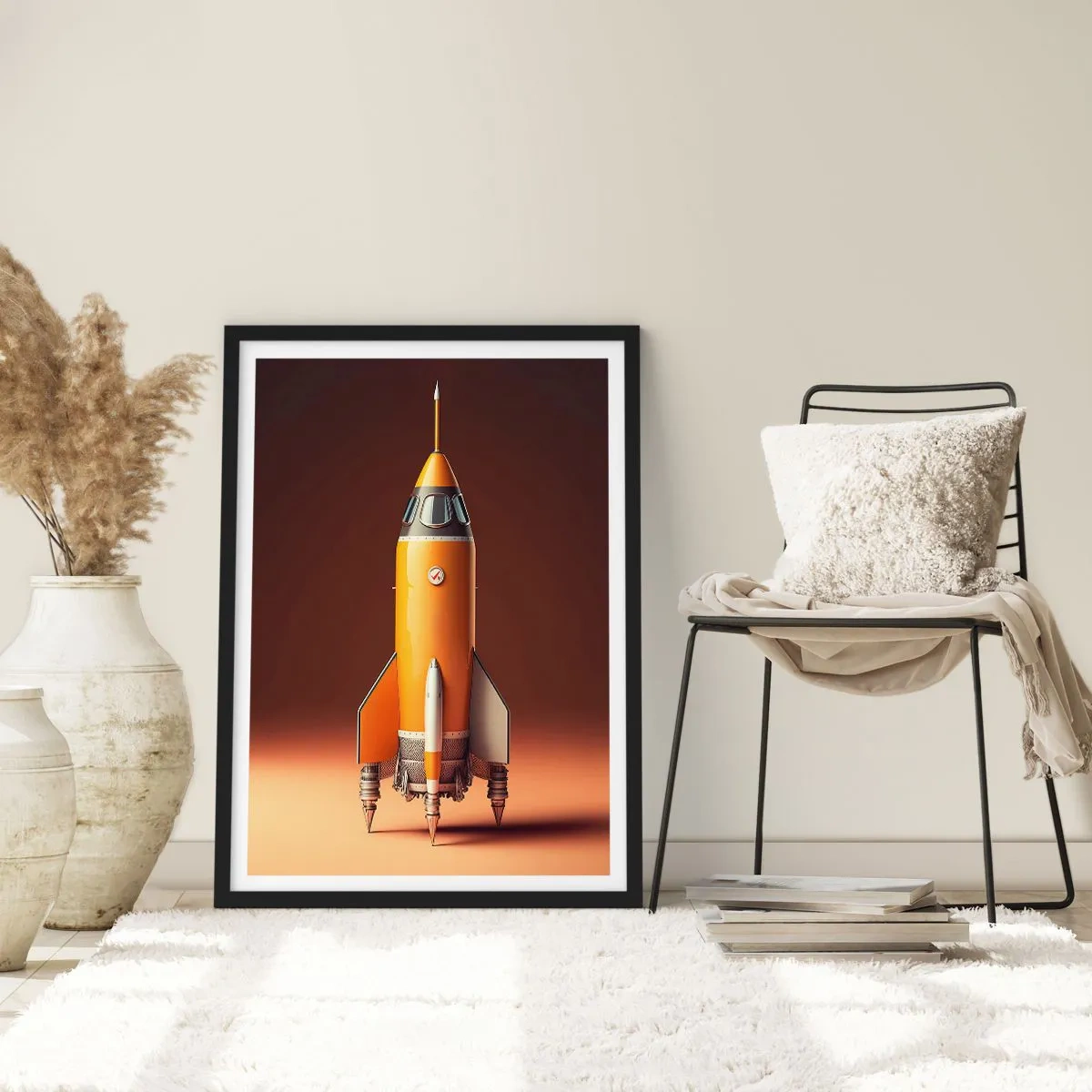 Affiche dans un cadre noir - Poster - Une fusée spatiale moderne sur un fond de couleurs chaudes. - 50x70cm - Ça commence par un rêve - Décoration murale moderne pour le salon et la chambre ARTTOR