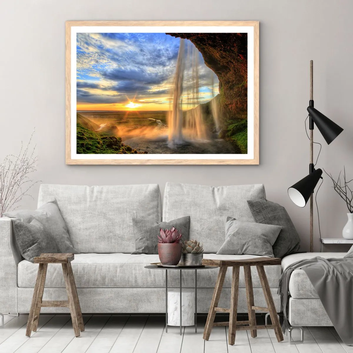 Affiche dans un chêne clair - Poster - Le monde derrière un voile de gouttes - 100x70 cm