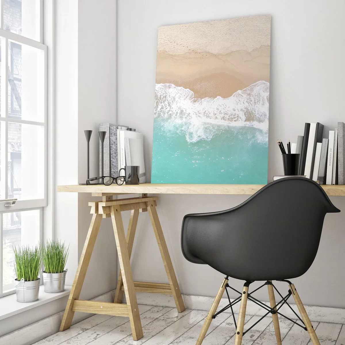 Impression sur verre - Image sur verre - Vue aérienne de la plage avec de l'eau turquoise et des vagues blanches - 50x70cm - Caresse de l'océan - Décoration murale moderne pour le salon et la chambre ARTTOR