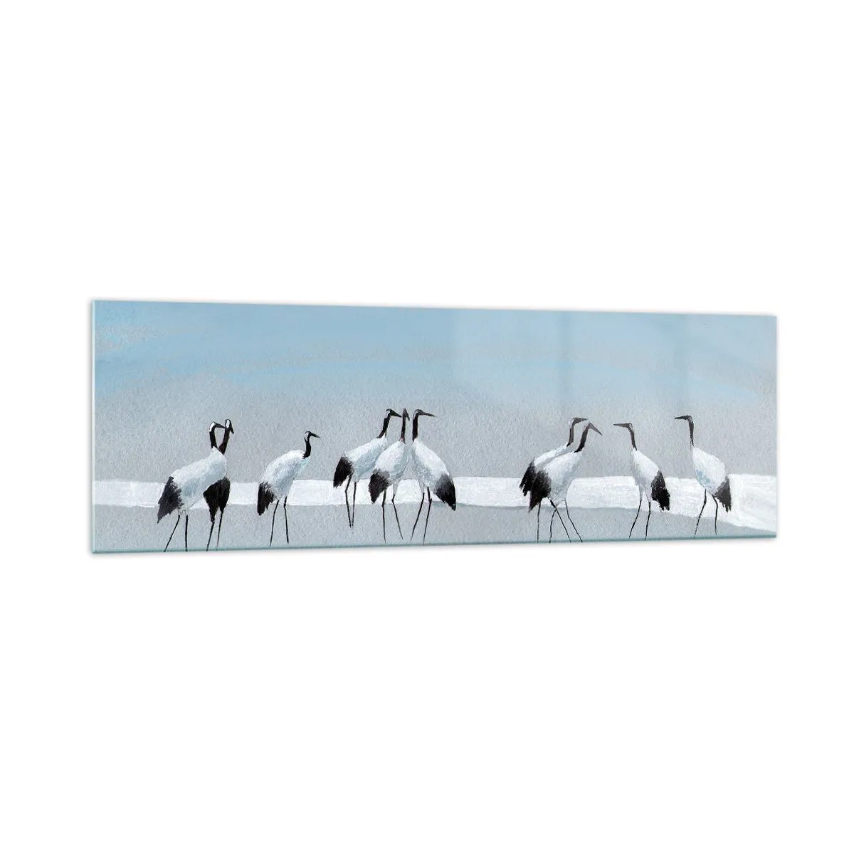 Impression sur verre - Image sur verre - Un groupe de grues contre un ciel bleu et le soleil levant - 160x50cm - Après une chaude journée - Décoration murale moderne pour le salon et la chambre ARTTOR