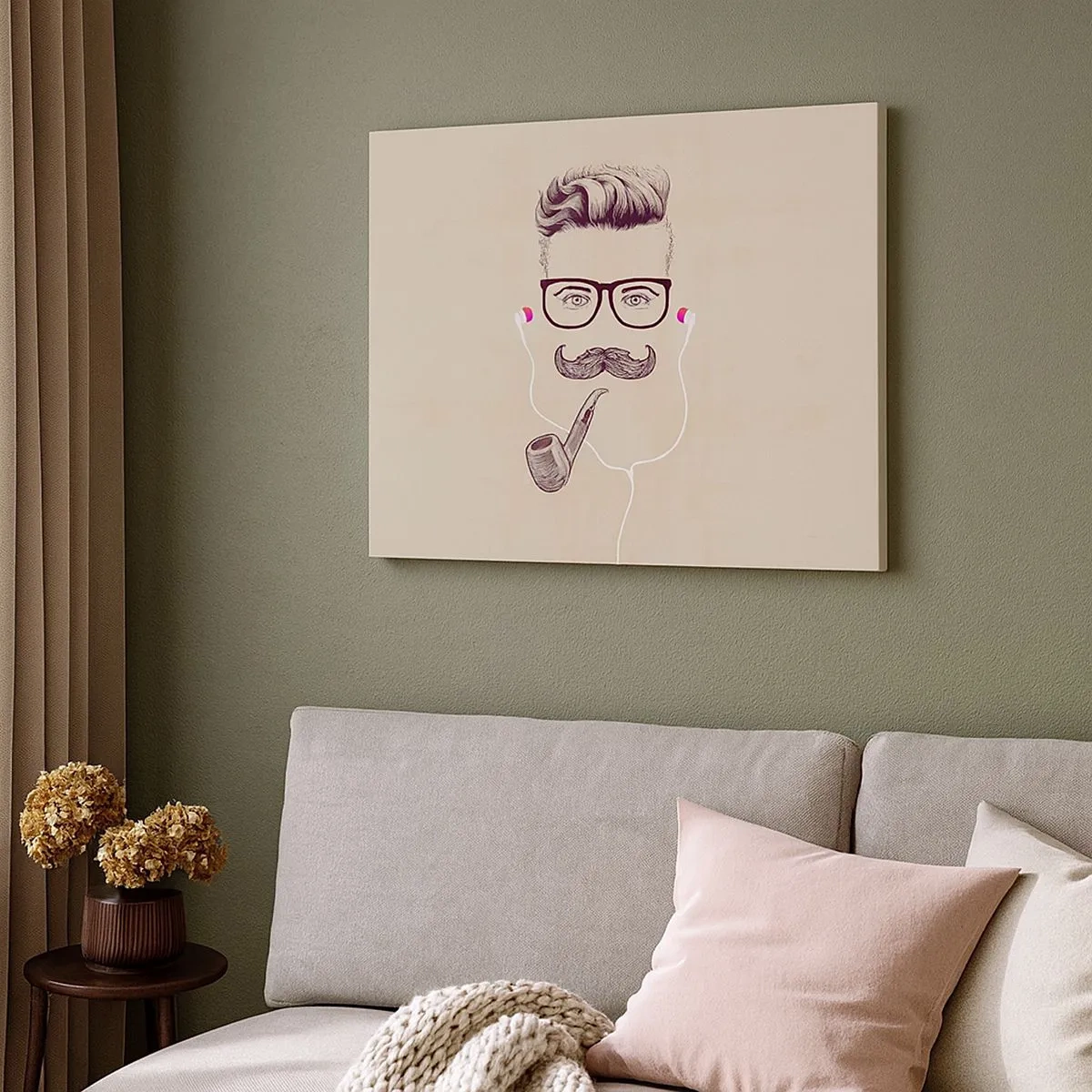 Impression sur toile - Image sur toile - Portrait rétro d'un homme avec une pipe, des écouteurs et des lunettes - 70x50cm - Un vrai homme? - Décoration murale moderne pour le salon et la chambre ARTTOR