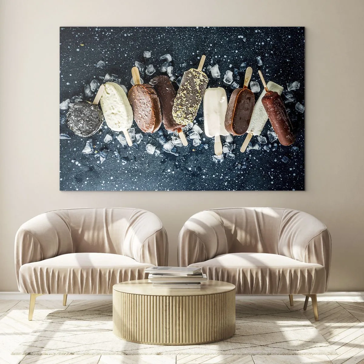 Impression sur verre - Image sur verre - Glaces aux saveurs variées disposées sur des glaçons - 70x50cm - Le goût de l'été chaud - Décoration murale moderne pour le salon et la chambre ARTTOR