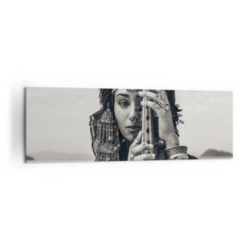 Impression sur toile - Image sur toile - Portrait d'une femme en bijoux ethniques tenant un instrument à la main - 160x50cm - Musique de l'Orient elle-même - Décoration murale moderne pour le salon et la chambre ARTTOR