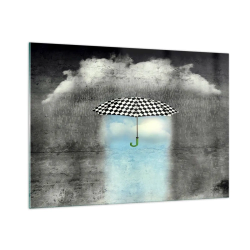 Impression sur verre - Image sur verre - Un parapluie à carreaux noir et blanc sur fond de pluie et de nuages - 100x70cm - Et pourtant c'est possible - Décoration murale moderne pour le salon et la chambre ARTTOR