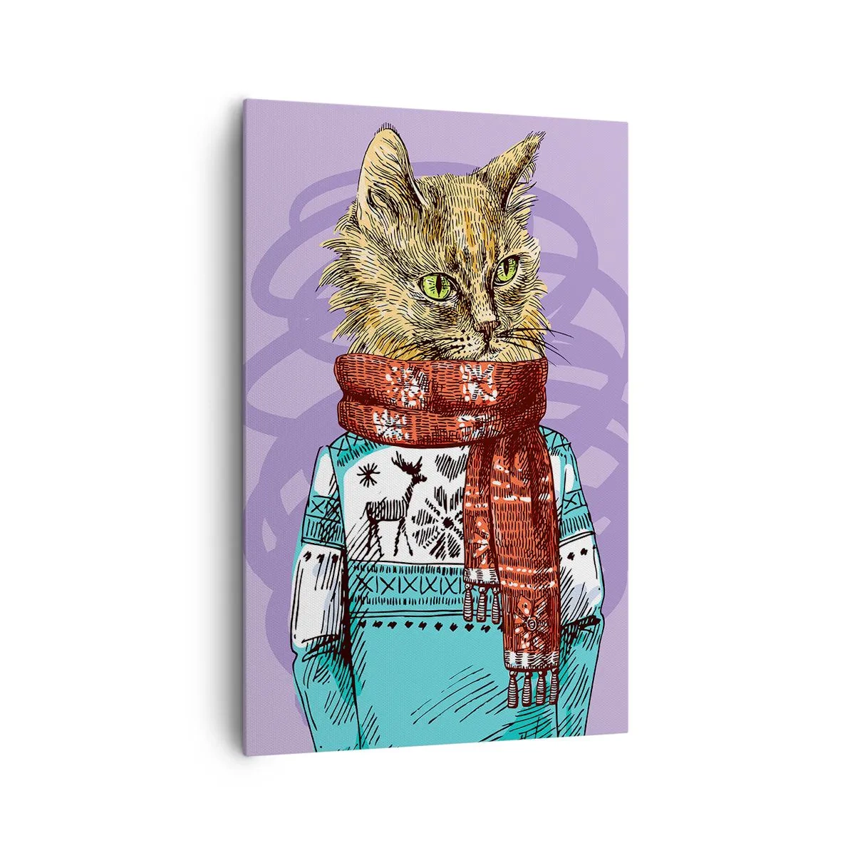 Impression sur toile - Image sur toile - Un chat en pull et écharpe sur fond violet - 80x120cm - Le chat, pas uniquement dans les chaussures - Décoration murale moderne pour le salon et la chambre ARTTOR