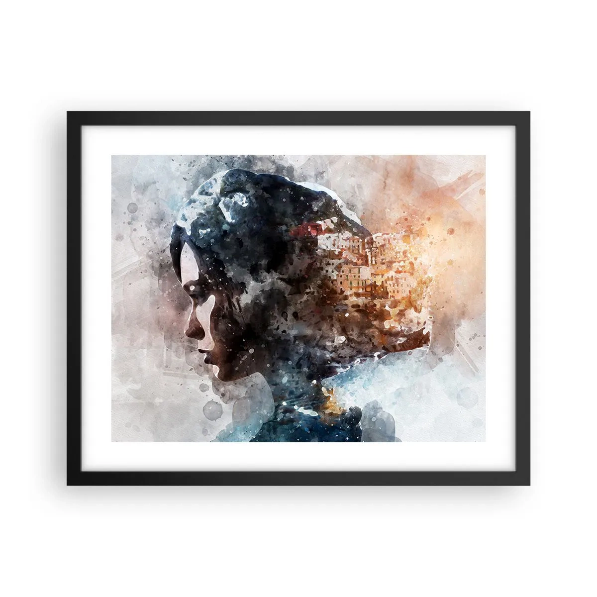 Affiche dans un cadre noir - Poster - L'histoire d'une fille avec une ville en arrière-plan - 50x40 cm