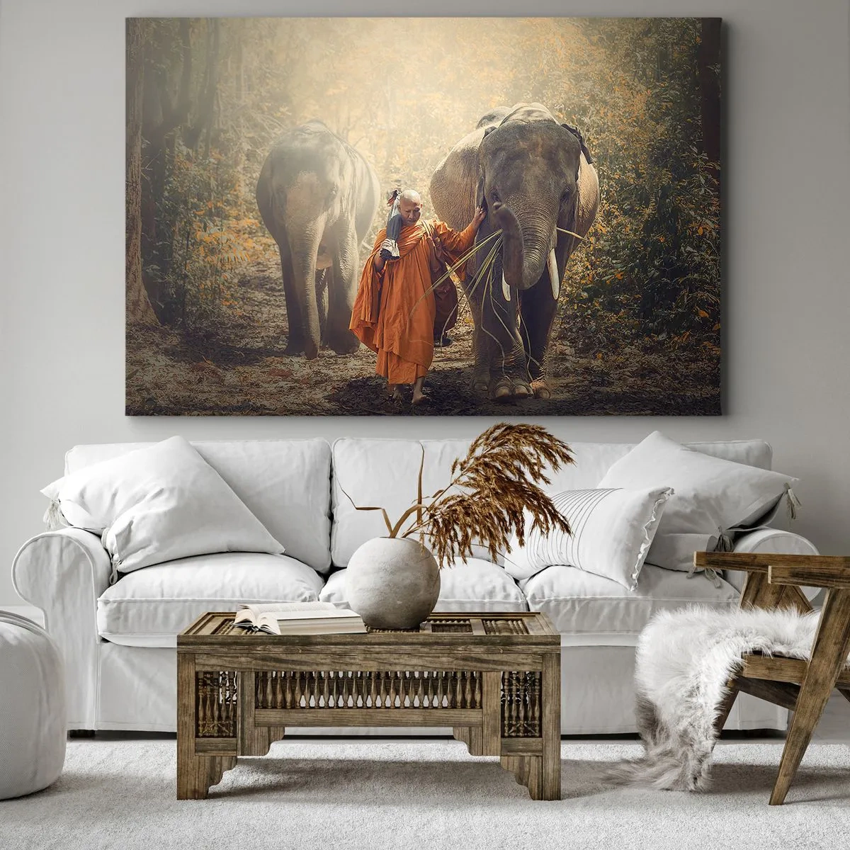 Impression sur toile - Image sur toile - Un moine en robe orange conduit un éléphant dans la forêt. - 100x70cm - Compréhension totale - Décoration murale moderne pour le salon et la chambre ARTTOR