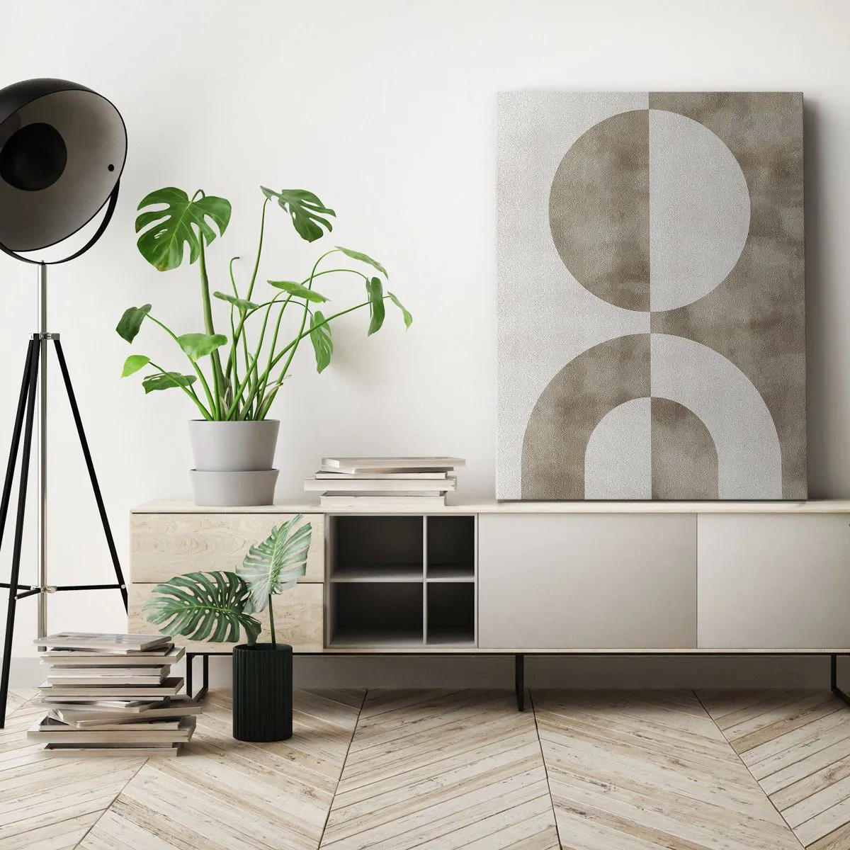 Impression sur toile - Image sur toile - Une peinture abstraite dans les tons beiges avec des formes géométriques et de la symétrie. - 50x70cm - Similitudes et différences - Décoration murale moderne pour le salon et la chambre ARTTOR