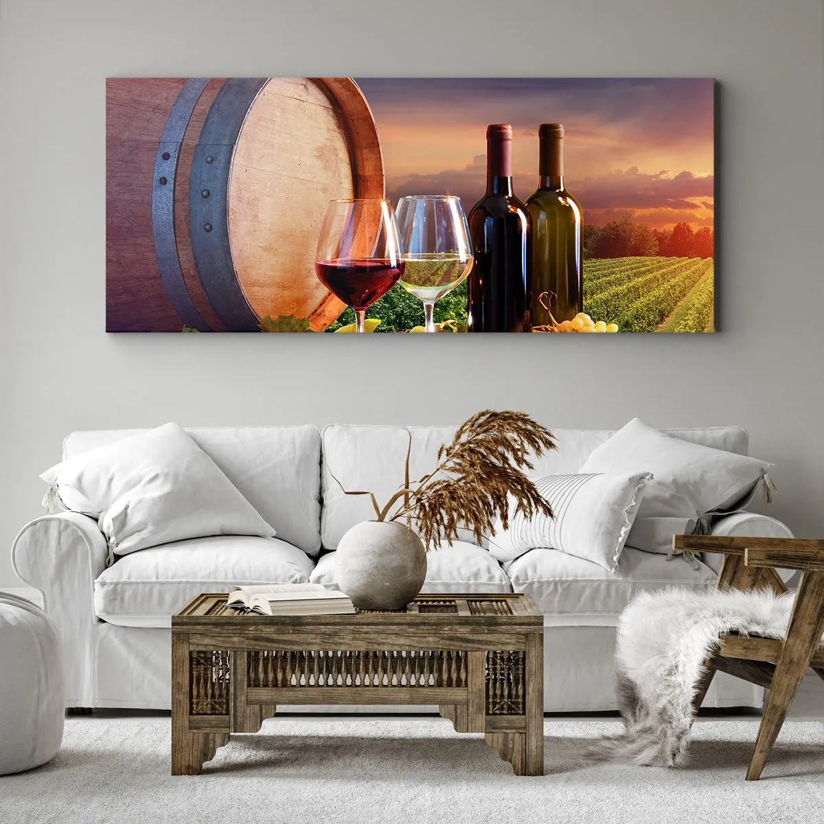 Impression sur toile - Image sur toile - Du vin, des verres et un tonneau dans un paysage pittoresque - 140x50cm - Ici la vie a du goût - Décoration murale moderne pour le salon et la chambre ARTTOR