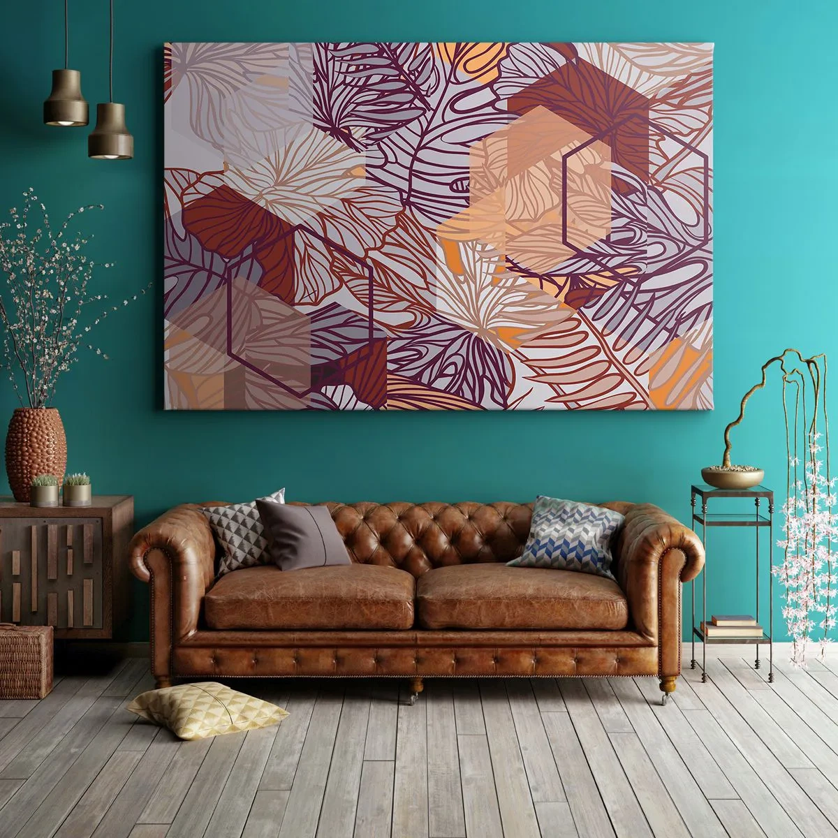 Impression sur toile - Image sur toile - Un motif décoratif de feuilles tropicales dans des tons de violet, d'orange et de beige. - 70x50cm - Relation impossible entre la géométrie et la nature