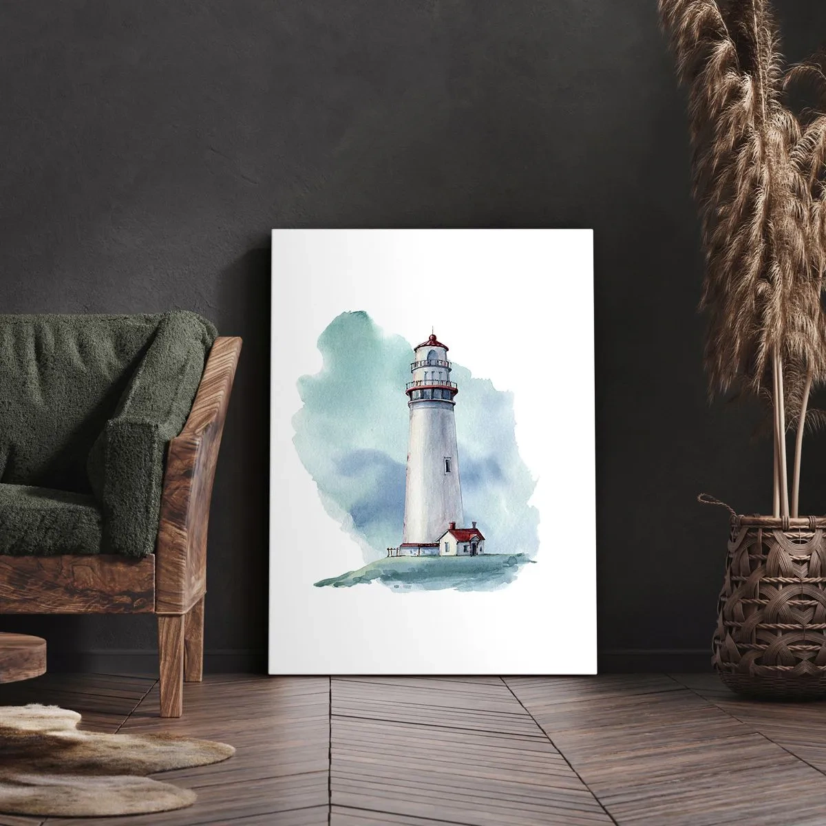 Impression sur toile - Image sur toile - Un phare sur un fond bleu aquarelle - 70x100cm - La douce sœur du bleu - Décoration murale moderne pour le salon et la chambre ARTTOR