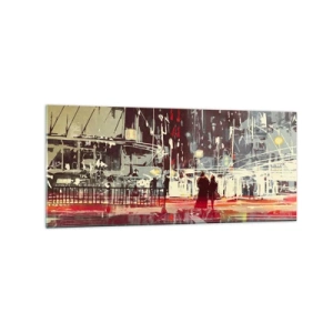 Impression sur verre - Image sur verre - Ville la nuit avec des néons et des silhouettes de personnes dans la rue - 120x50cm - Une grande traversée de ville - Décoration murale moderne pour le salon et la chambre ARTTOR