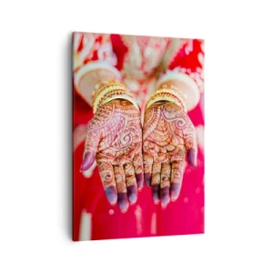 Impression sur toile - Image sur toile - Mains décorées au henné sur fond de robe rouge - 50x70cm - Prêt à saisir votre chance - Décoration murale moderne pour le salon et la chambre ARTTOR