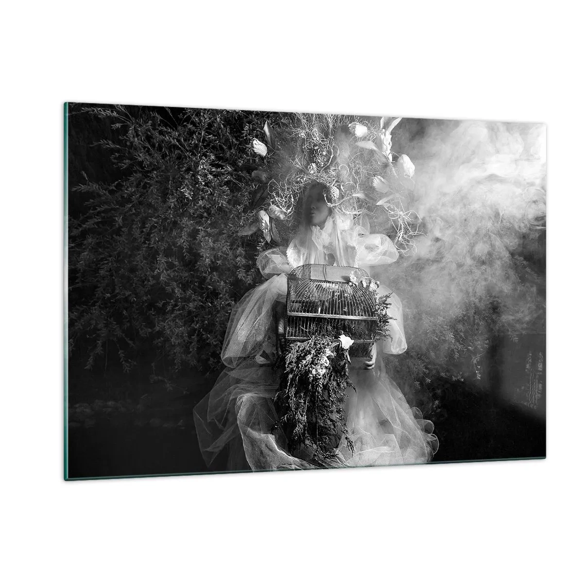 Impression sur verre - Image sur verre - Femme en robe cage en tulle et couronne de plantes en noir et blanc - 120x80cm - Tout simplement Mère Nature - Décoration murale moderne pour le salon et la chambre ARTTOR