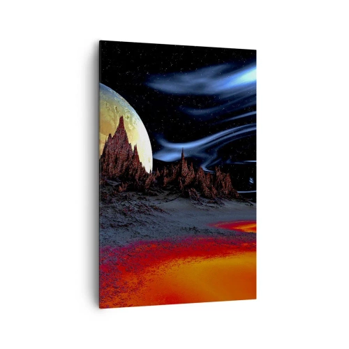 Impression sur toile - Image sur toile - Un paysage fantastique avec des planètes et des paysages volcaniques - 80x120cm - Monde inconnu - Décoration murale moderne pour le salon et la chambre ARTTOR