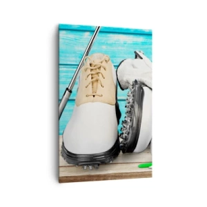 Impression sur toile - Image sur toile - Un ensemble d'accessoires de golf sur un fond en bois - 80x120cm - Tout est prêt - Décoration murale moderne pour le salon et la chambre ARTTOR