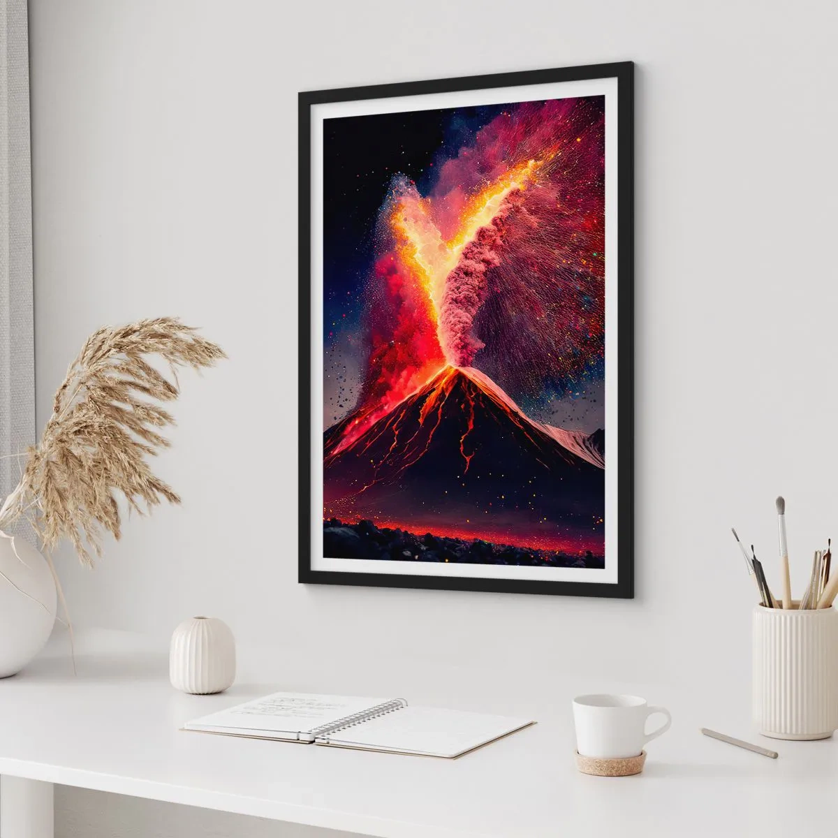 Affiche dans un cadre noir - Poster - Un volcan en éruption dans un paysage nocturne - 50x70cm - Beauté et horreur - Décoration murale moderne pour le salon et la chambre ARTTOR