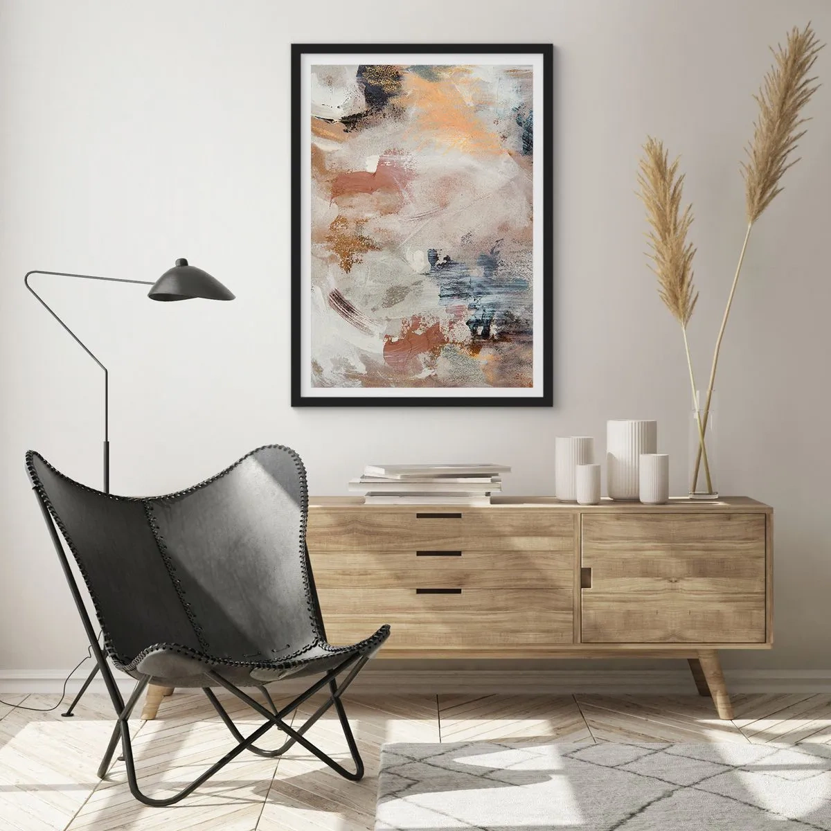 Affiche dans un cadre noir - Poster - Une composition abstraite aux couleurs chaudes et terreuses. - 50x70cm - Abstraction brumeuse - Décoration murale moderne pour le salon et la chambre ARTTOR