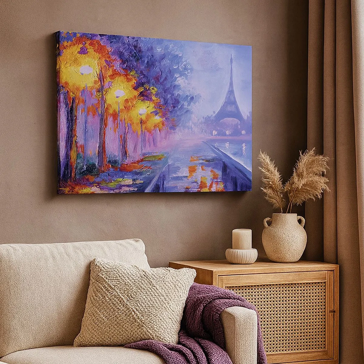 Impression sur toile - Image sur toile - Une avenue avec des lampadaires à Paris avec la Tour Eiffel en arrière-plan - 70x50cm - Une ballade idéale - Décoration murale moderne pour le salon et la chambre ARTTOR