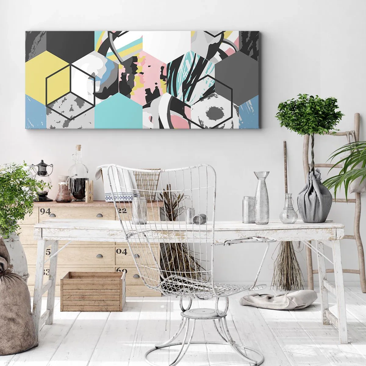 Impression sur toile - Image sur toile - Hexagones et cubes en six couleurs - 90x30 cm