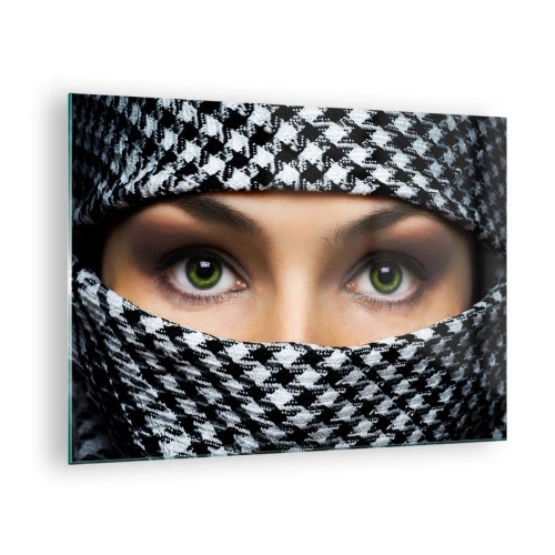 Impression sur verre - Image sur verre - Yeux verts entourés d'un motif noir et blanc - 70x50cm - Un portrait d'une beauté voilée aux yeux verts - Décoration murale moderne pour le salon et la chambre ARTTOR