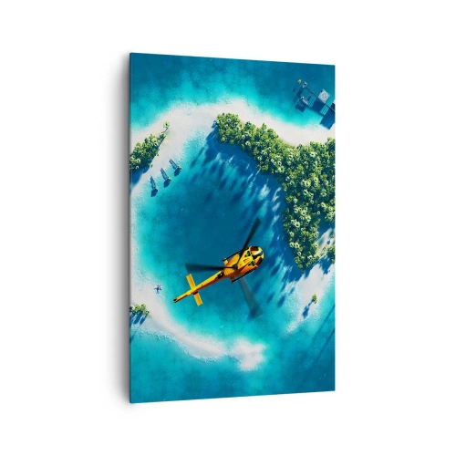 Impression sur toile - Image sur toile - Une île tropicale entourée d'eau turquoise avec un hélicoptère en vue - 80x120cm - Achetez-vous une île - Décoration murale moderne pour le salon et la chambre ARTTOR