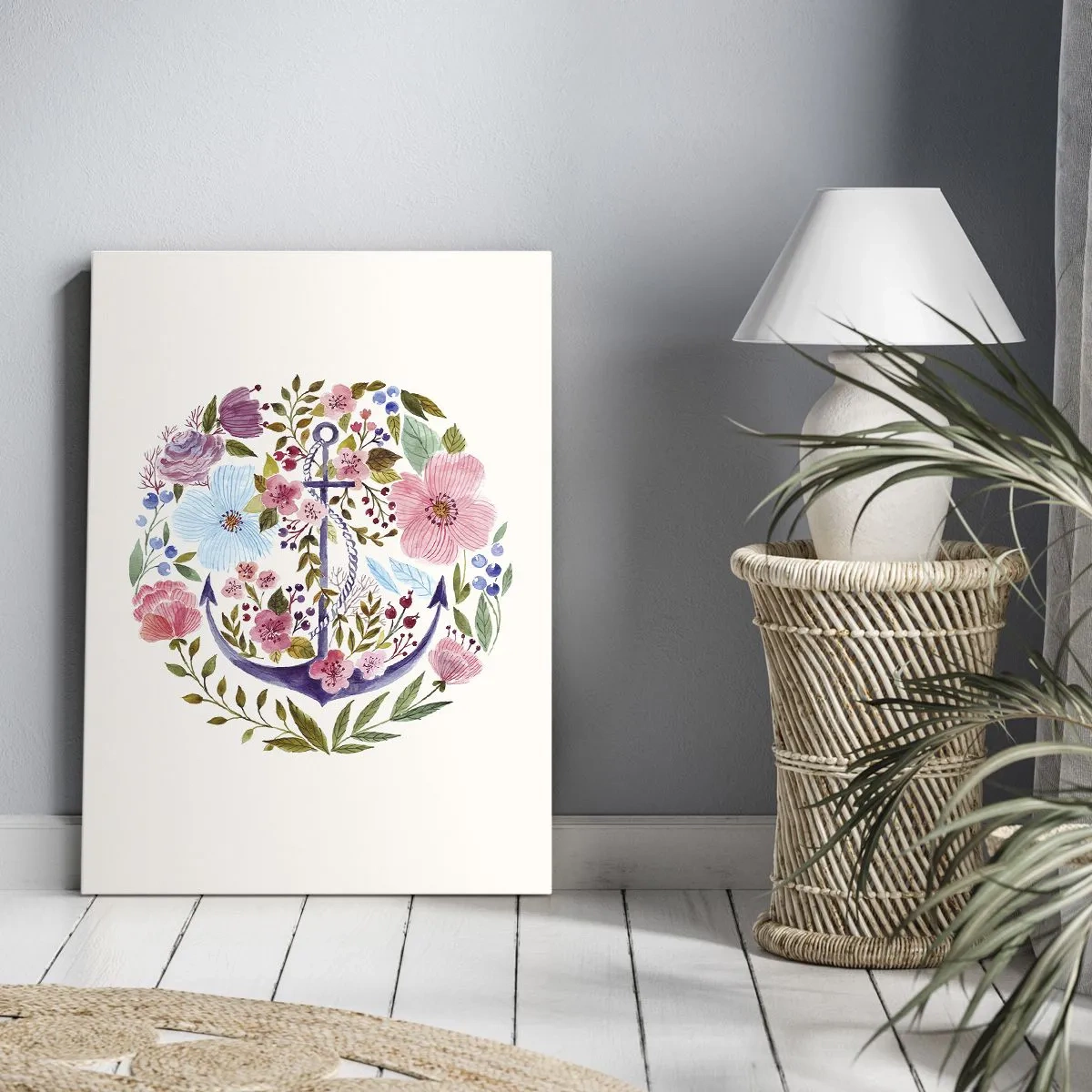 Impression sur toile - Image sur toile - Une ancre entourée de fleurs à l'aquarelle sur un fond clair - 50x70cm - Le beau rêve du marin - Décoration murale moderne pour le salon et la chambre ARTTOR