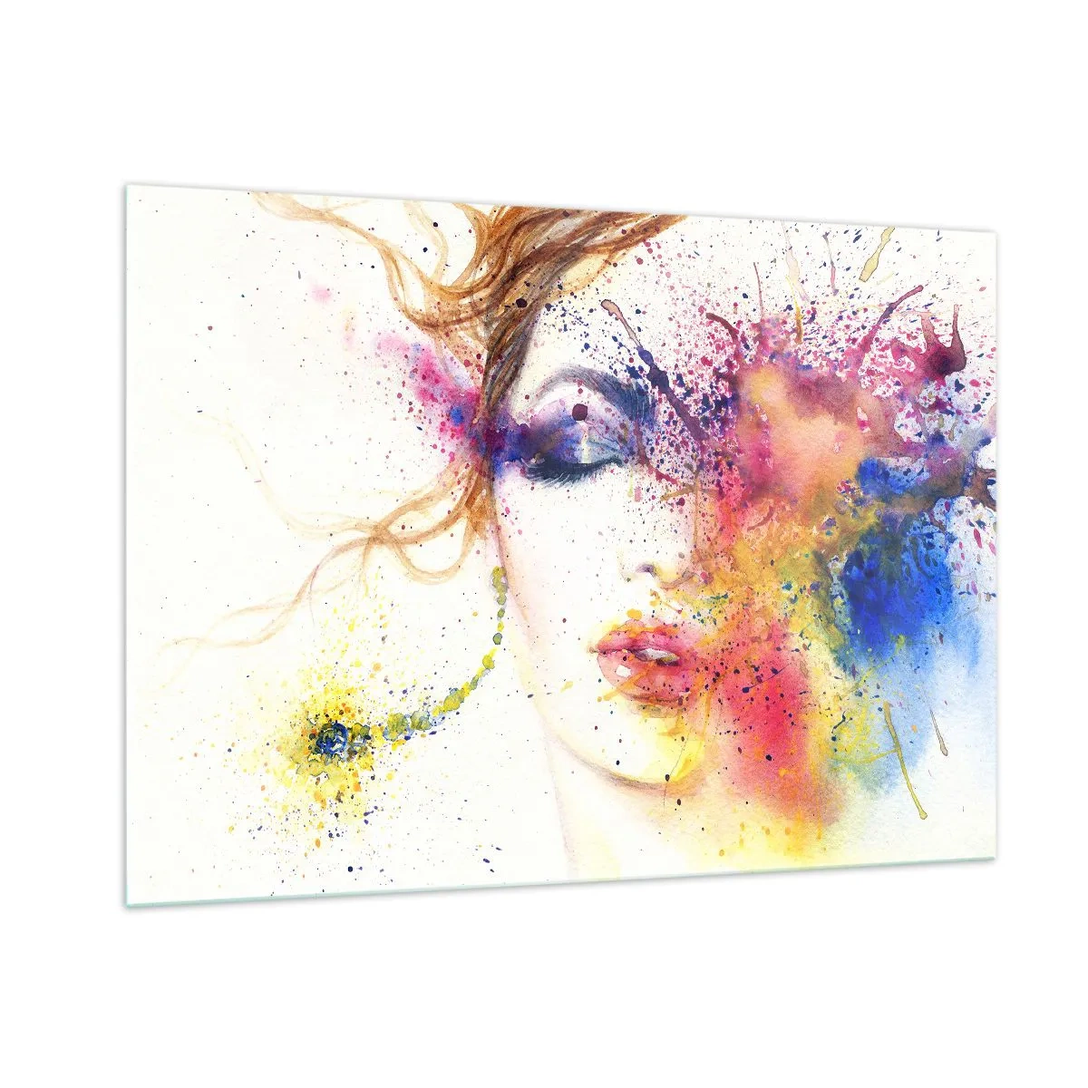Impression sur verre - Image sur verre - Portrait abstrait d'une femme avec des éclaboussures de peinture arc-en-ciel - 100x70cm - Vertiges arc-en-ciel - Décoration murale moderne pour le salon et la chambre ARTTOR