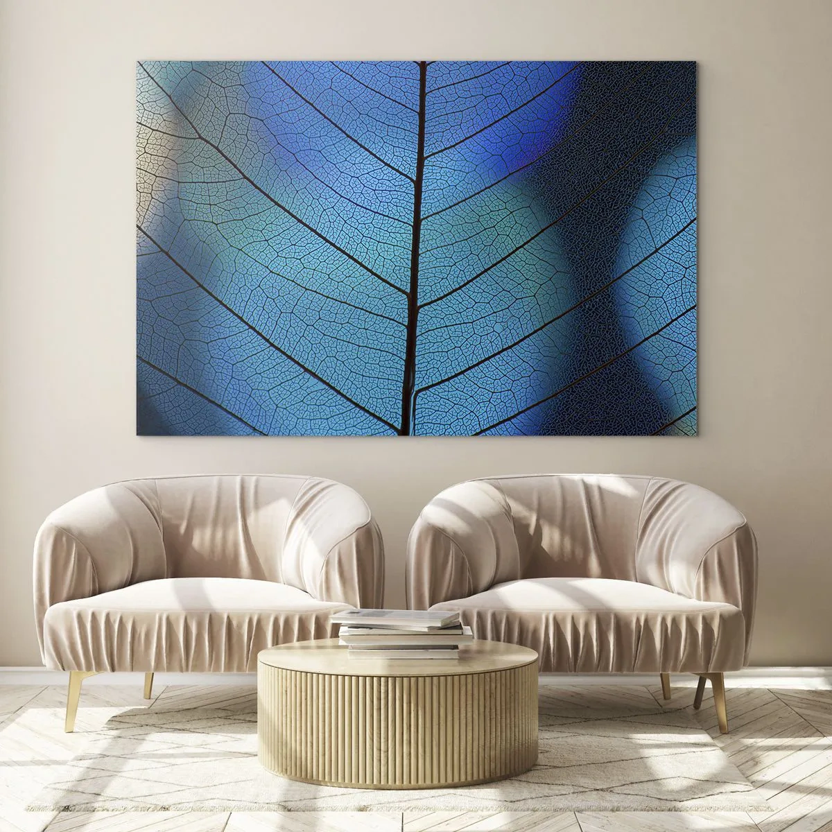 Impression sur verre - Image sur verre - Gros plan d'une feuille bleue montrant la structure des veines. - 70x50cm - Construction complexe - Décoration murale moderne pour le salon et la chambre ARTTOR