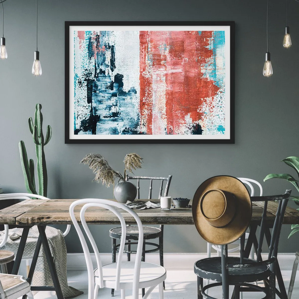 Affiche dans un cadre noir - Poster - Abstraction aux couleurs blanc, bleu et brique - 70x50cm - Moitié-moitié abstrait - Décoration murale moderne pour le salon et la chambre ARTTOR