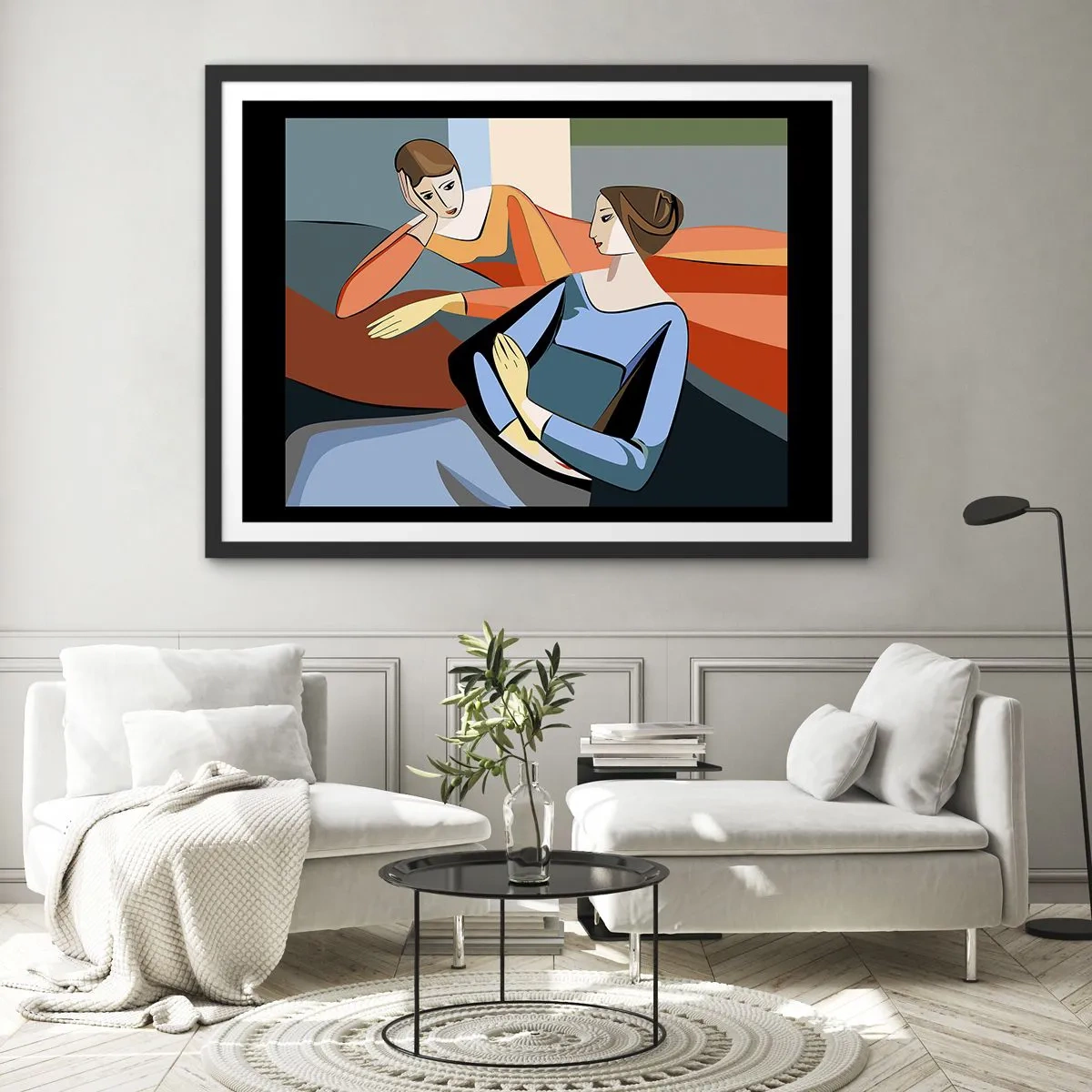 Affiche dans un cadre noir - Poster - Illustration abstraite de deux femmes dans le style cubiste - 100x70cm - Un moment de confiance - Décoration murale moderne pour le salon et la chambre ARTTOR