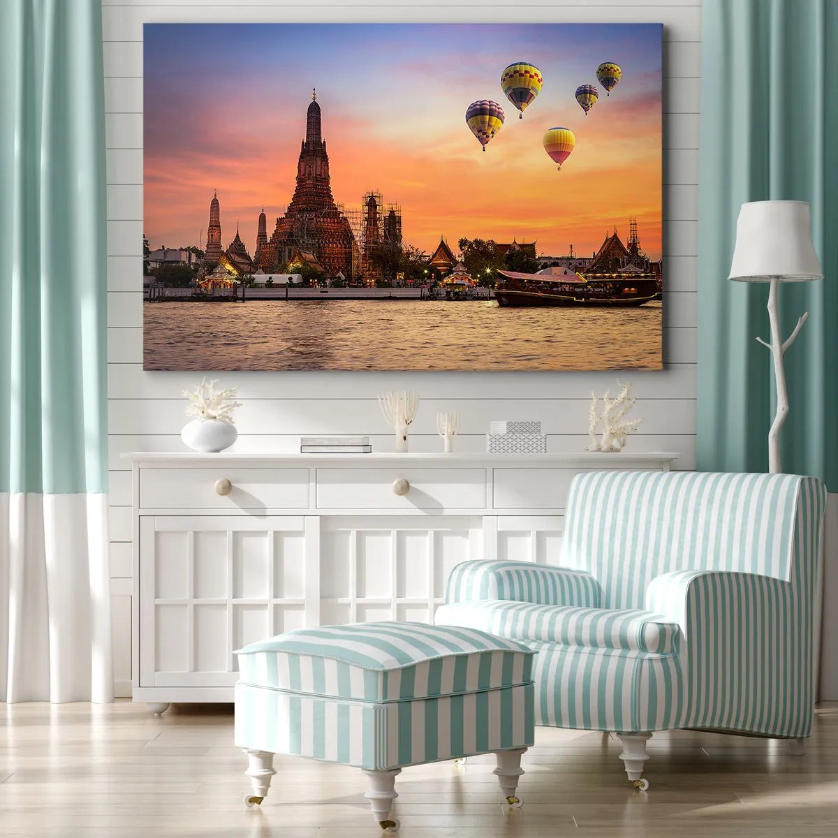 Impression sur toile - Image sur toile - Un temple et des ballons sur fond de soleil couchant sur la rivière - 70x50cm - C'est ici que naissent les contes de fées - Décoration murale moderne pour le salon et la chambre ARTTOR