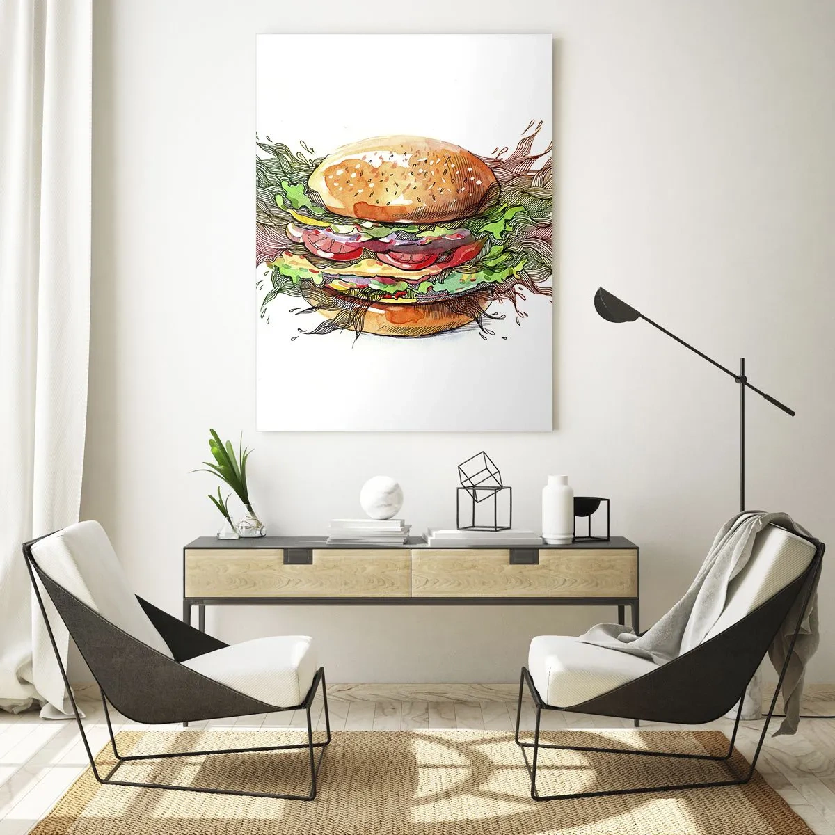 Impression sur verre - Image sur verre - Dessin artistique d'un hamburger avec des détails à l'aquarelle - 50x70cm - Tentation chaude - Décoration murale moderne pour le salon et la chambre ARTTOR