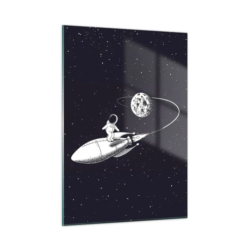 Impression sur verre - Image sur verre - Astronaute de dessin animé surfant dans l'espace sur une fusée - 50x70cm - Surfeur de l'espace - Décoration murale moderne pour le salon et la chambre ARTTOR