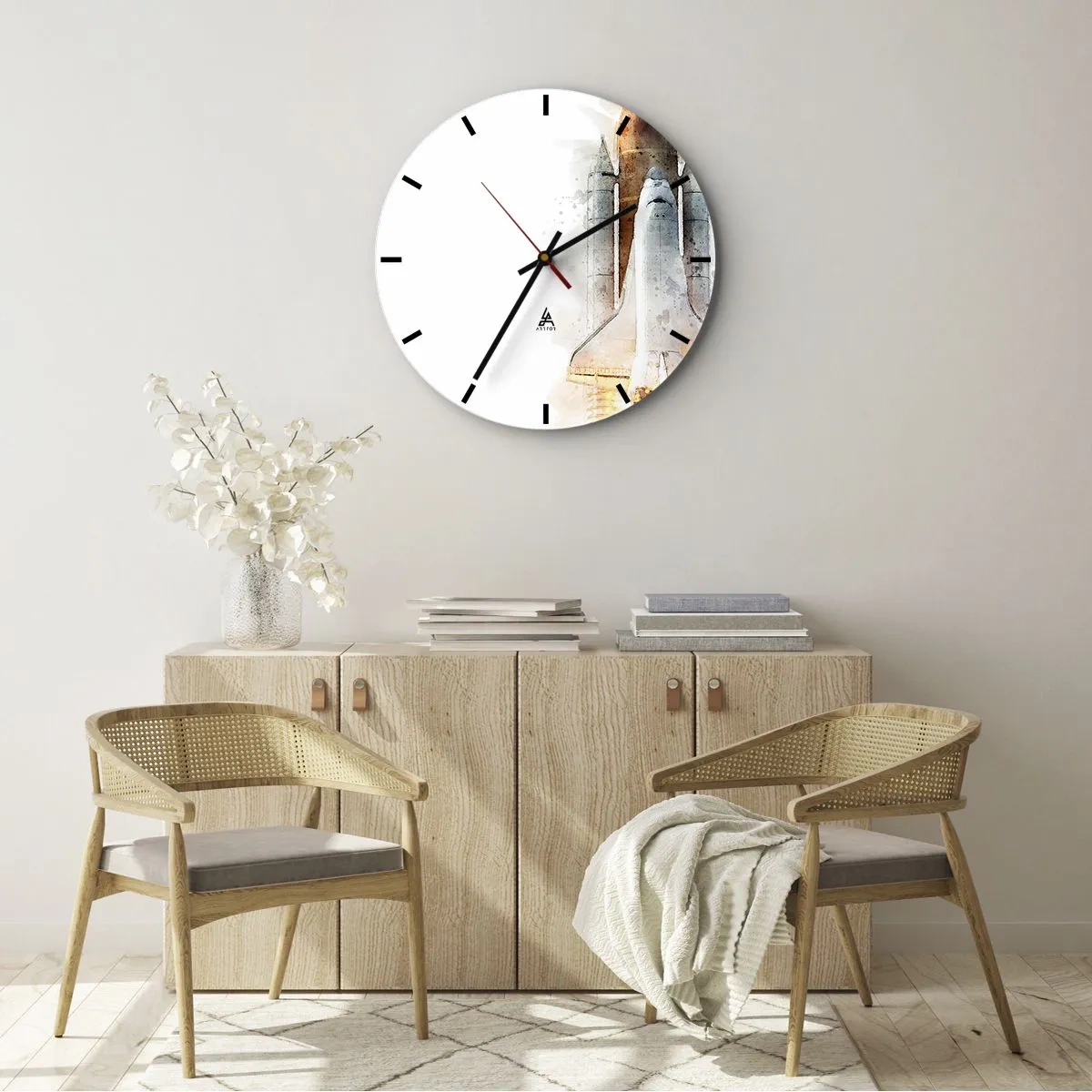 Horloge murale - Pendule murale - Lancement de fusée de style aquarelle sur fond blanc - 30x30cm - Des explorateurs pour commencer - Décoration murale moderne pour le salon, la cuisine et la chambre ARTTOR