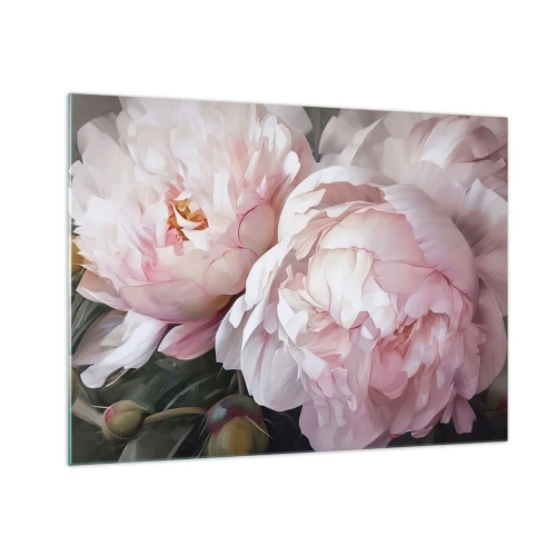 Impression sur verre - Image sur verre - Pivoines délicates dans une teinte rose clair en gros plan - 70x50cm - Arrêté en pleine floraison - Décoration murale moderne pour le salon et la chambre ARTTOR