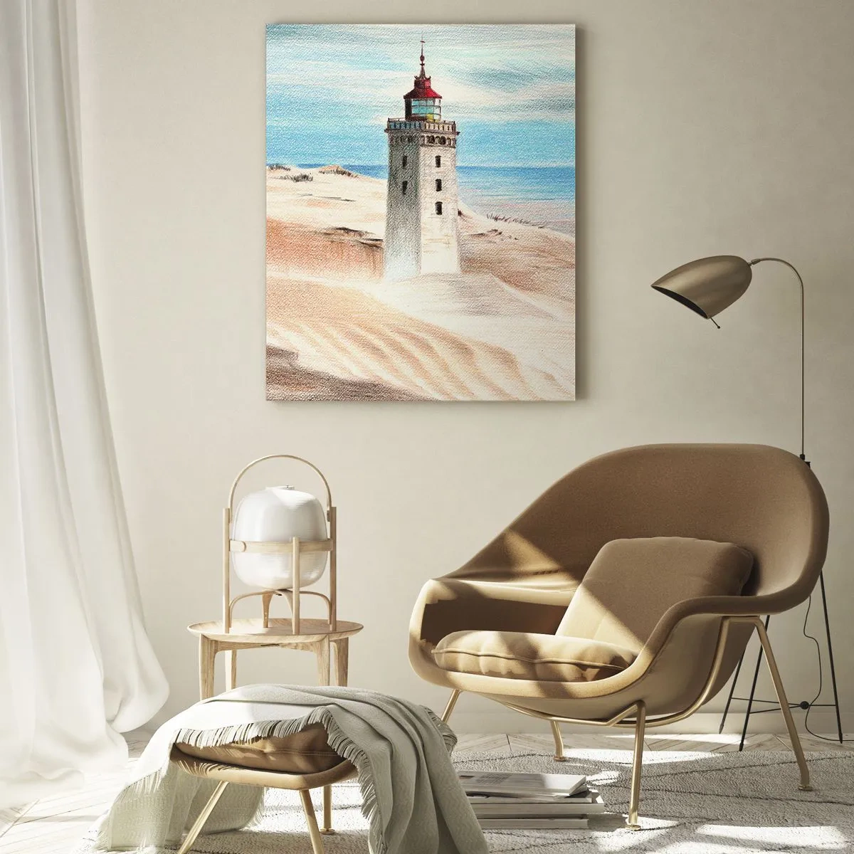 Impression sur verre - Image sur verre - Un phare sur une dune du désert au bord d'une mer calme - 50x70cm - Toujours regarder la mer - Décoration murale moderne pour le salon et la chambre ARTTOR