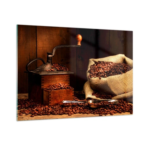 Impression sur verre - Image sur verre - Un vieux moulin à café avec des grains et un sac de café - 100x70cm - Nature morte avec grains de café et moulin - Décoration murale moderne pour le salon et la chambre ARTTOR