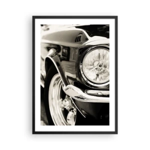 Affiche dans un cadre noir - Poster - Gros plan noir et blanc du phare d'une voiture classique. - 50x70cm - Brillance permanente - Décoration murale moderne pour le salon et la chambre ARTTOR