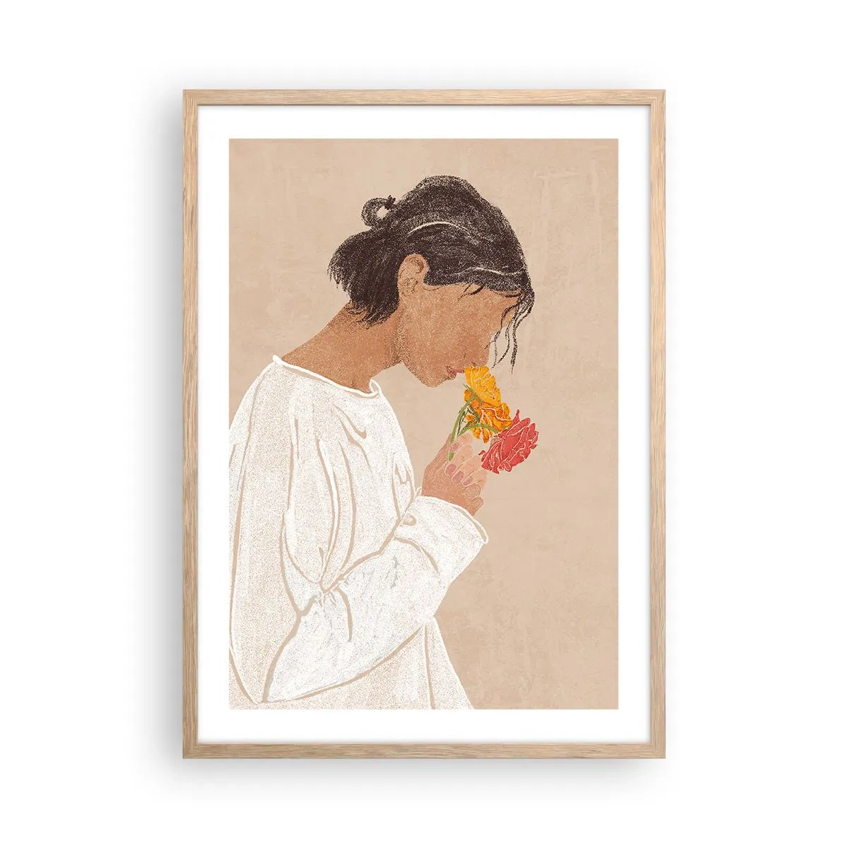 Affiche dans un chêne clair - Poster - Fille et fleurs - 50x70 cm