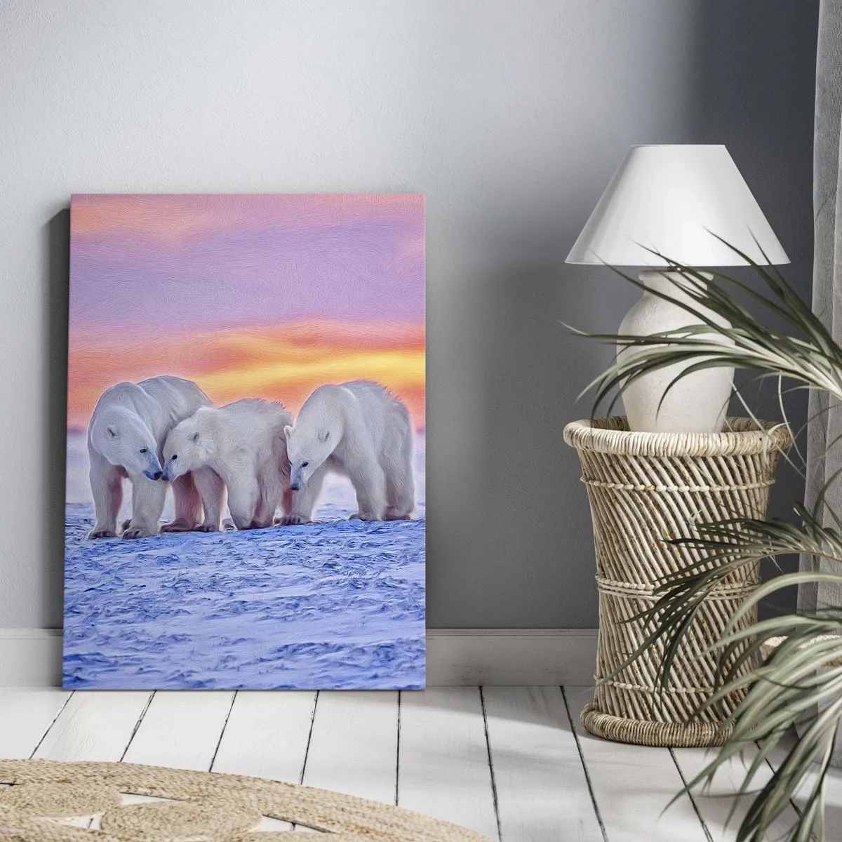 Impression sur toile - Image sur toile - Trois ours polaires sur fond de coucher de soleil arctique - 50x70cm - La chaleur familiale suffit - Décoration murale moderne pour le salon et la chambre ARTTOR