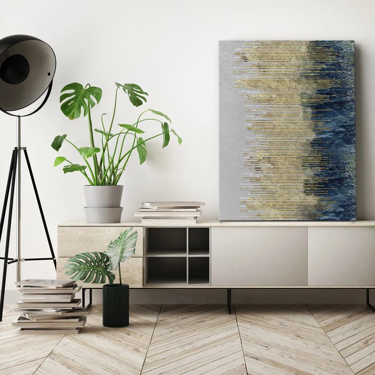 Impression sur toile - Image sur toile - Lignes dorées sur fond d'abstraction bleu marine et gris - 50x70cm - Bordure dorée - Décoration murale moderne pour le salon et la chambre ARTTOR