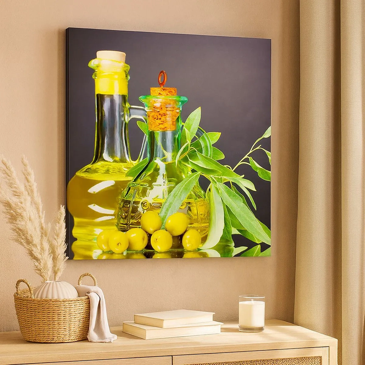 Impression sur toile - Image sur toile - Nature morte aux olives et à l'huile d'olive - 30x30 cm