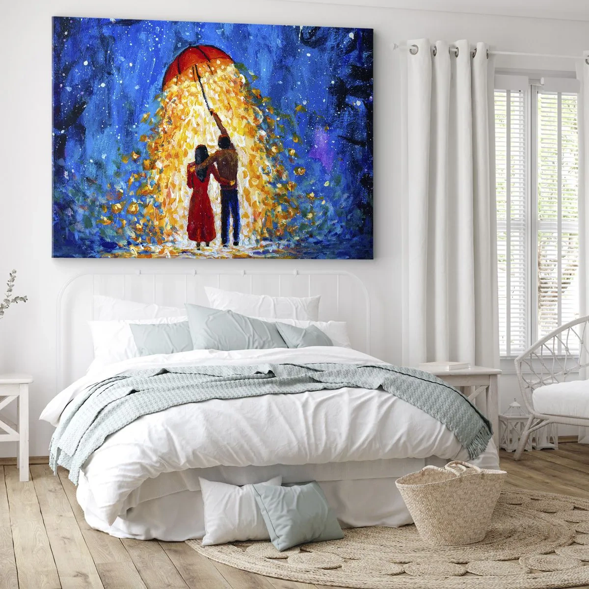 Impression sur toile - Image sur toile - Un couple sous un parapluie rouge sous la pluie lumineuse - 120x80cm - La magie d'une soirée pluvieuse ? - Décoration murale moderne pour le salon et la chambre ARTTOR