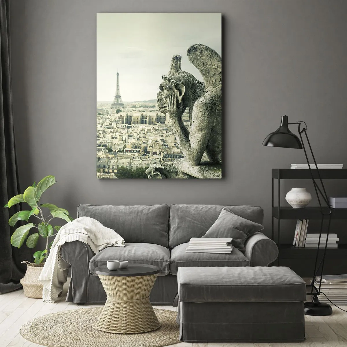 Impression sur toile - Image sur toile - Gargouilles surplombant les toits de Paris et la Tour Eiffel - 50x70cm - Bavardage parisien - Décoration murale moderne pour le salon et la chambre ARTTOR