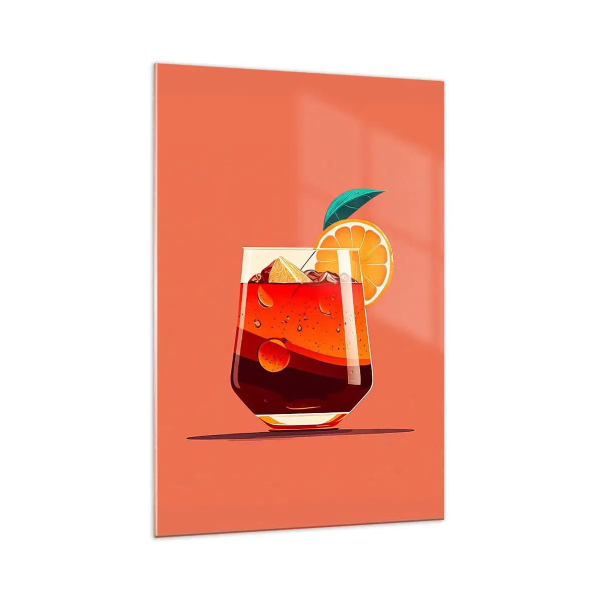 Impression sur verre - Image sur verre - Un verre de boisson et une tranche d'orange sur un fond orange - 70x100cm - Rafraîchissement d'été - Décoration murale moderne pour le salon et la chambre ARTTOR