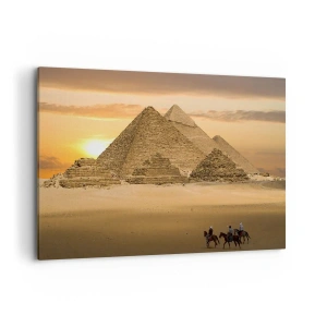 Impression sur toile - Image sur toile - Pyramides d'Égypte au coucher du soleil avec des cavaliers à cheval - 100x70cm - Aucun changement depuis des milliers d'années - Décoration murale moderne pour le salon et la chambre ARTTOR